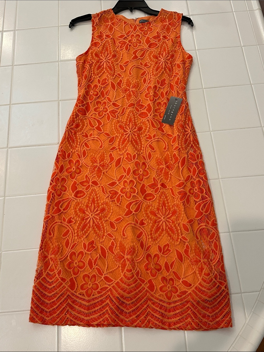 Sleeveless Orange Lace Floral A-Line Dress Sharagano NY
